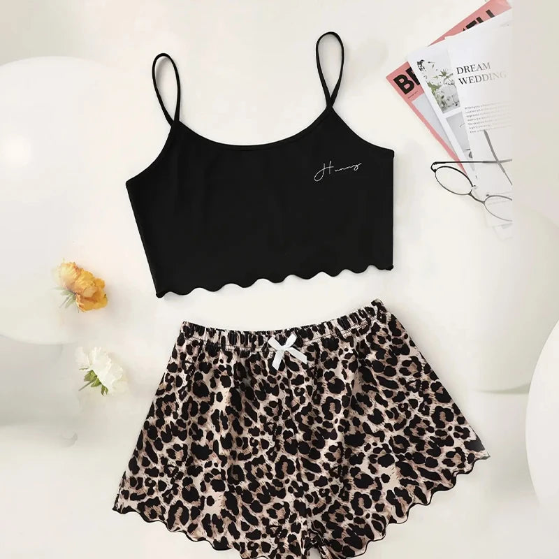 Women's Pajamas Set Sexy Lingerie Leopard Print Sling Sleepwear V-Neck Sleeveless Top and Shorts Sets Pyjamas Homewear
