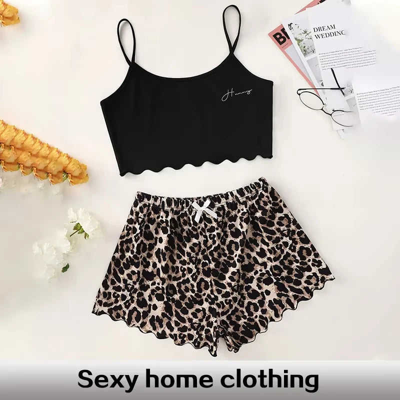 Women's Pajamas Set Sexy Lingerie Leopard Print Sling Sleepwear V-Neck Sleeveless Top and Shorts Sets Pyjamas Homewear