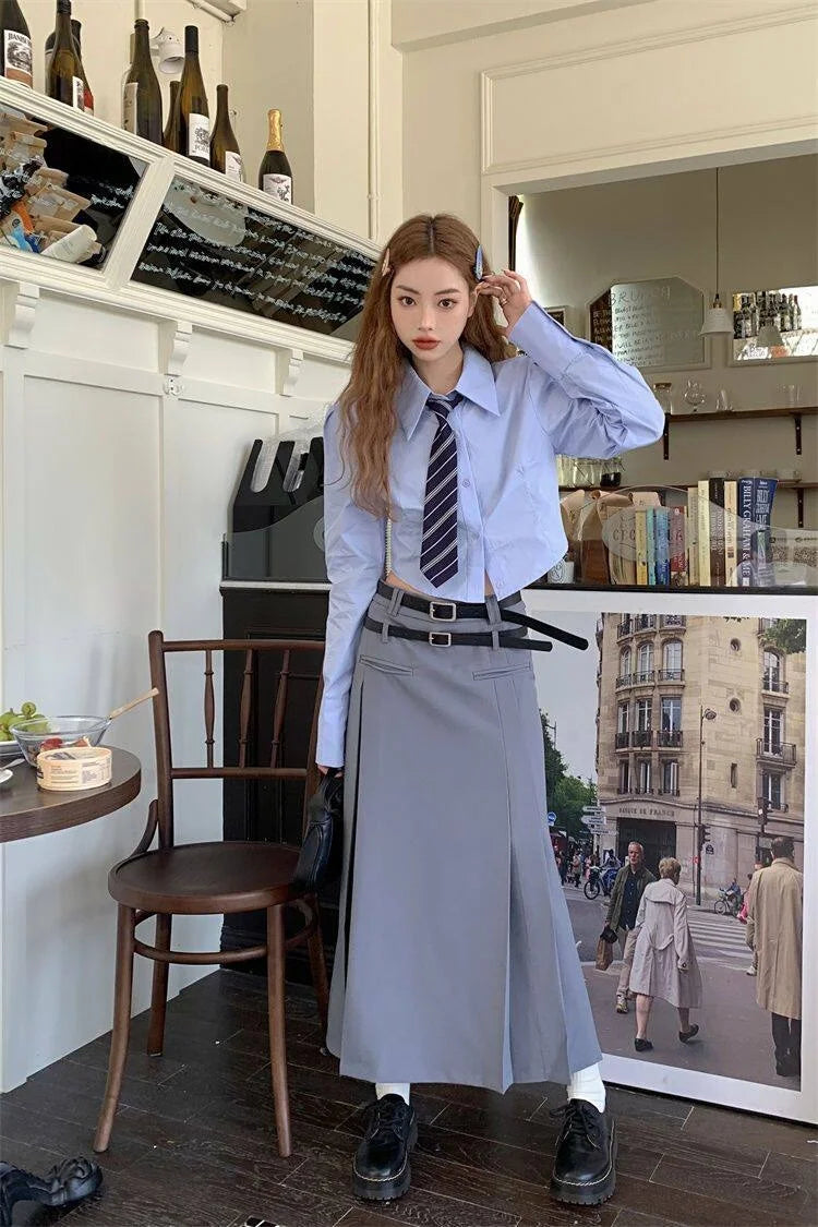 Women's Early Spring Short Sleeve Long Shirt Hong Kong Style Loose Fit Versatile Slimming Design Trendy Top Casual Shirt