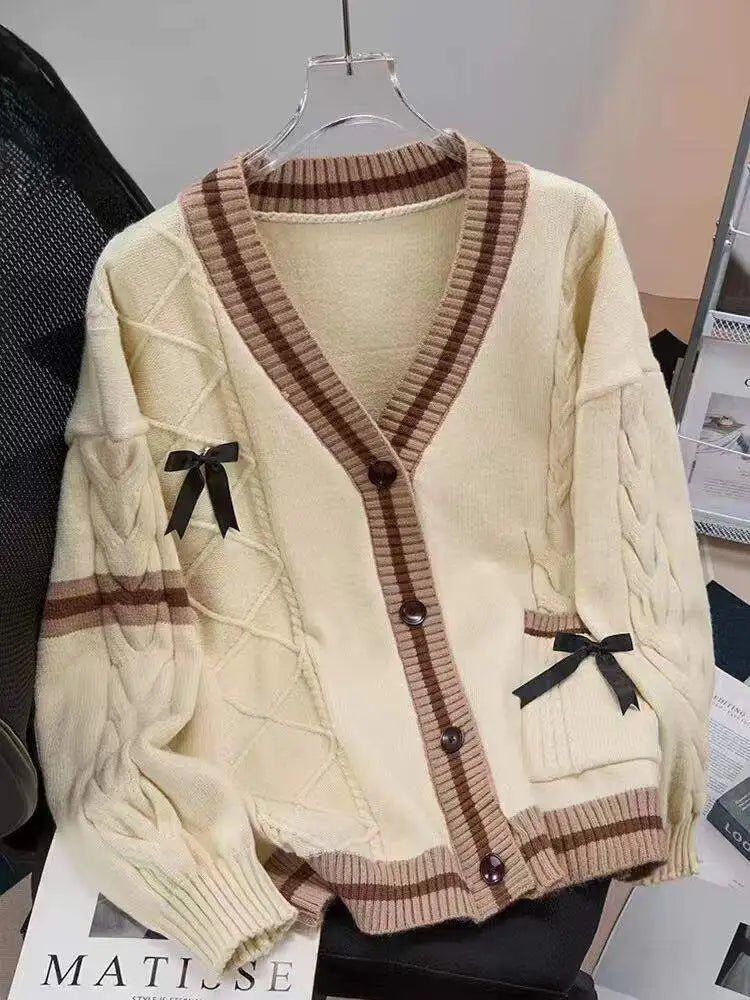 Loose Women's Knitted Sweater Coat  Knot Lazy Style Design Anti-Aging Japanese Style Open Cardigan Spring Autumn New...
