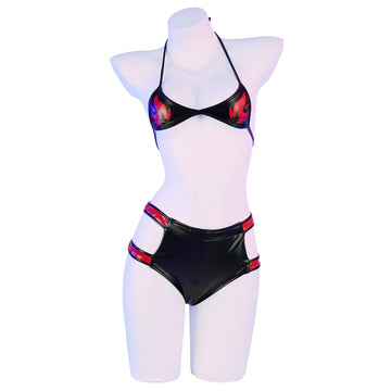 Daring PU Leather Bondage Bikini Set - Exotic Print Lingerie