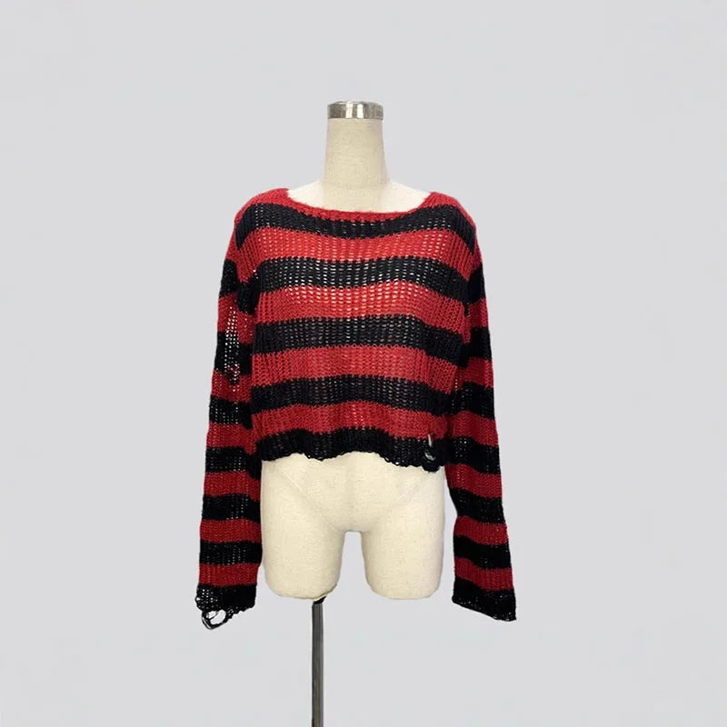 Distressed Oversized Striped Sweater Punk Grunge Knit Top