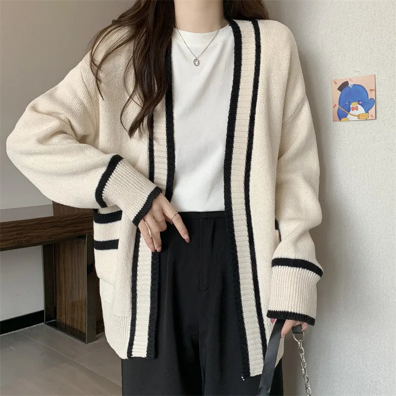 New Korean Women Cardigan Jackets Patchwork Clothing V Neck All Match Sueter Mujer Casual Fashion Knitted Oversized Sweater Tops