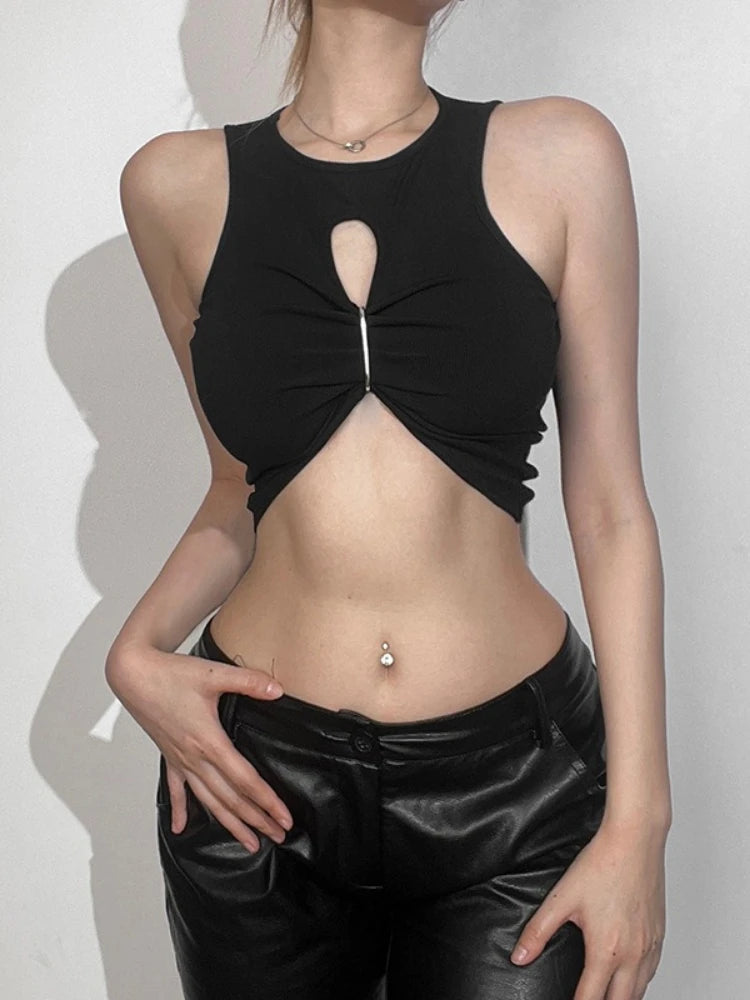 2026 Summer Sexy Y2k Aesthetic Solid Tank Top Harajuku Hollow Out Pleated Cropped Camisole Vintage Irregular Bodycon Tanks Women