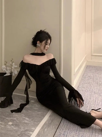 Elegant A-Line V-Neck Long Sleeve Dress - Slimming High Waist