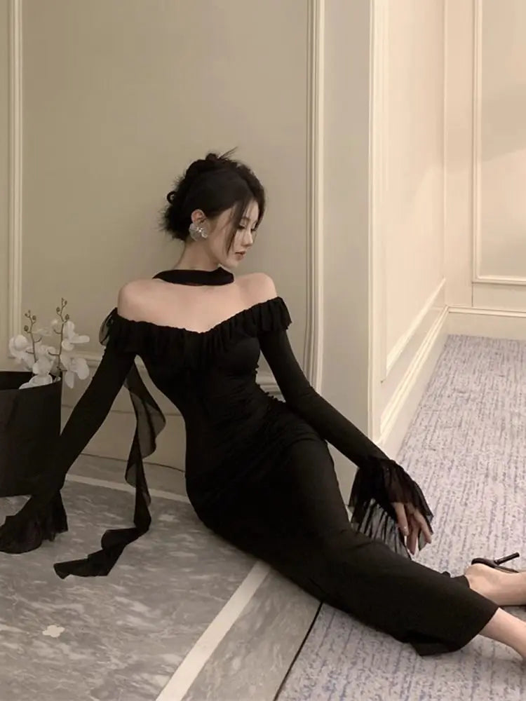 Elegant A-Line V-Neck Long Sleeve Dress - Slimming High Waist