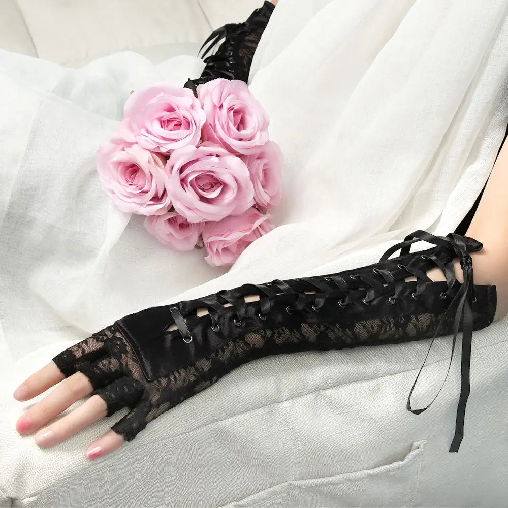 1 Pair Night Club Party Cosplay Ritual Dance Long Lace Gloves Silk Ribbon Punk Gothic Mittens Halloween Gloves