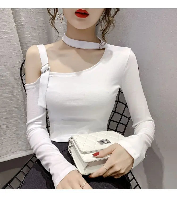 Chic Shoulder Bared Long Sleeve Base Shirt for Women Stylish Slim Fit Trendy Top Casual Loose Style Daily Wear Girl's Fashion