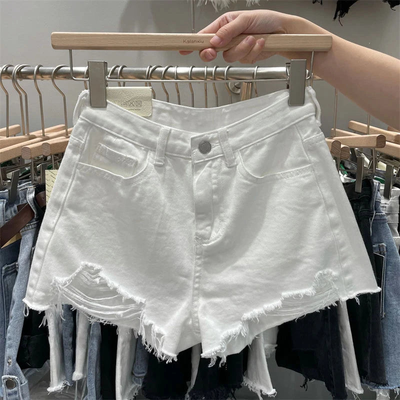 High Waisted Ripped Denim Shorts Button Fly Raw Edge Summer