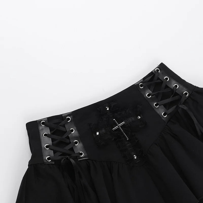 Goth Dark Punk Cross Patchwork Pleated Skirts Mall Gothic Techwear Bottoms Grunge Aesthetic Women Bandage Mini Skirt Alt Clothes