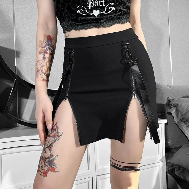 Gothic Zip Split Sexy Women Mini Skirts Grunge Strap Black High Waist Pencil Skirt Punk E-girl Alt Party Clubwear