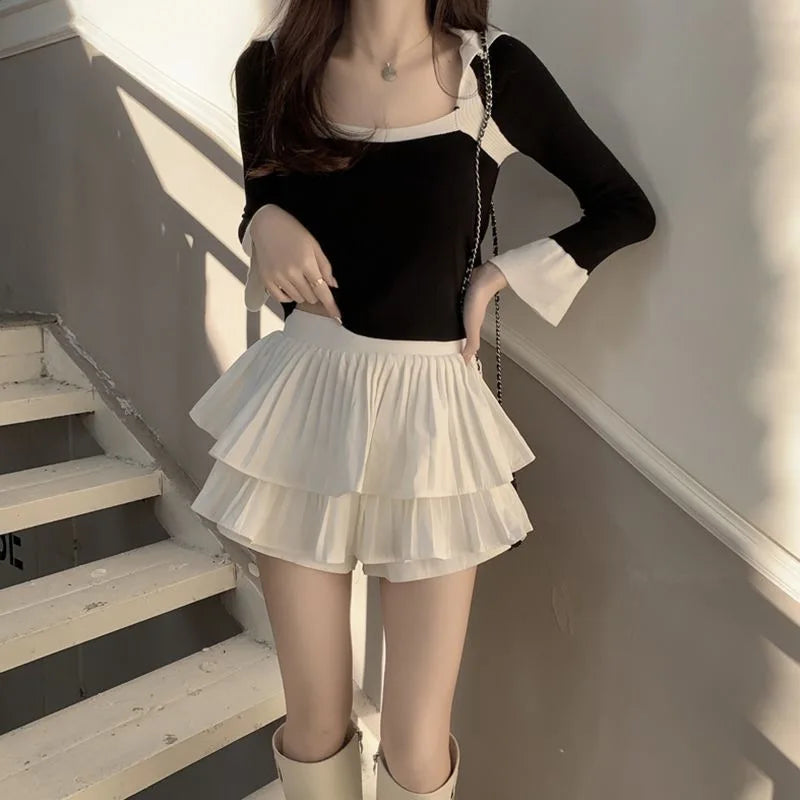 Preppy Y2K Ruffled Mini Skirt Pants | High Waist, Fluffy Style