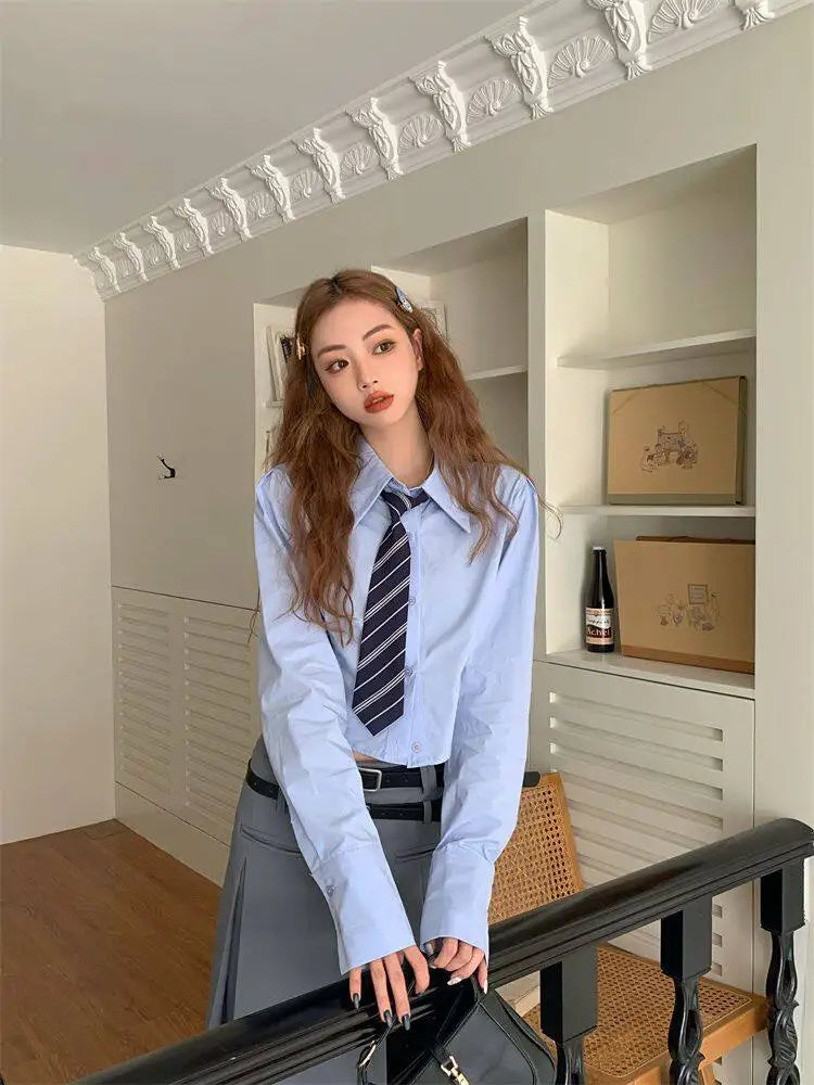 Women's Early Spring Short Sleeve Long Shirt Hong Kong Style Loose Fit Versatile Slimming Design Trendy Top Casual Shirt