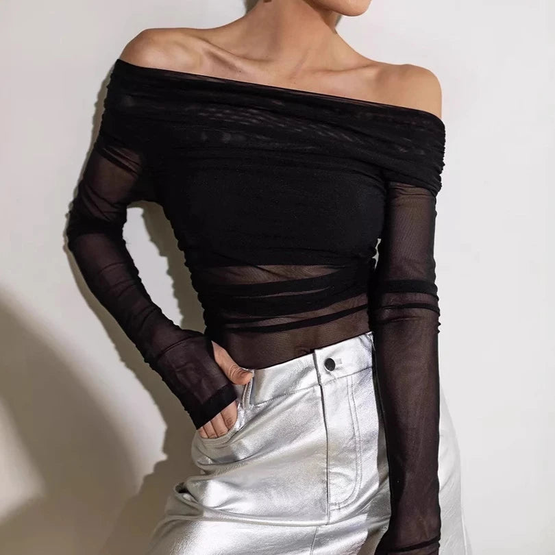 Sexy Perspective Mesh Off Shoulder T Shirt Women Long Sleeves Slash Neck Bottoming Shirt Ladies Tee Shirt Tops Camisetas Mujer