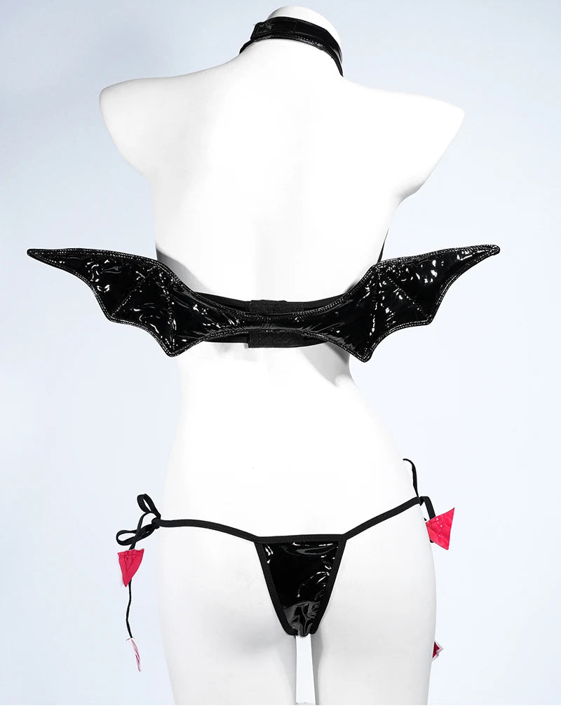Sexy Devil Faux Leather Cosplay Lingerie Set | Halloween Demon