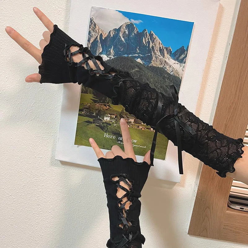 Women Cosplay Lolita Princess Style Lace Bandage Ribbon Thin Fingerless Long Gloves Cute Lovely Sweety Bow Elasticity Hollow
