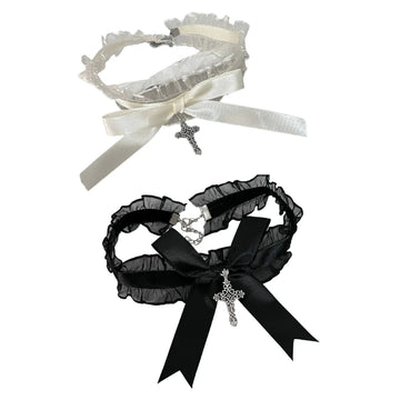 Gothic Lace Ruffle Choker Necklace | Bowknot & Cross Pendant