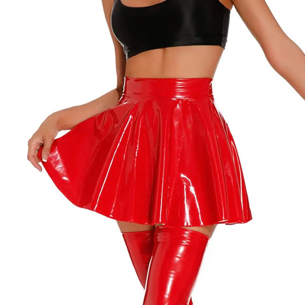 Sexy Women Oil Glossy Shiny Flared Pleated Skirt Wetlook Latex PU Faux Leather Ruffled MINI Skirt Club Stage Wear Dance Wear