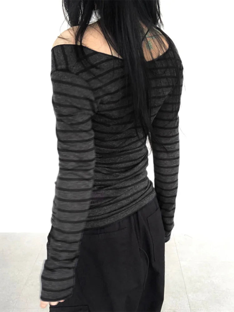 Harajuku Basic Slim Long Sleeve Stripe Tee Off Shoulder O Neck Korean Street Style Spring Autumn Y2K Women's Gray T Shirt