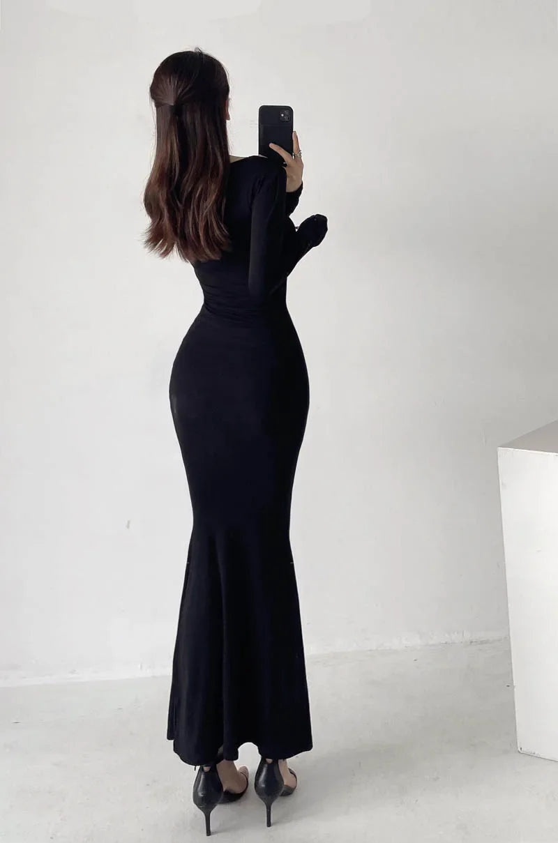 Elegant High-Waisted Fishtail Long Dress - Slimming Autumn Chic