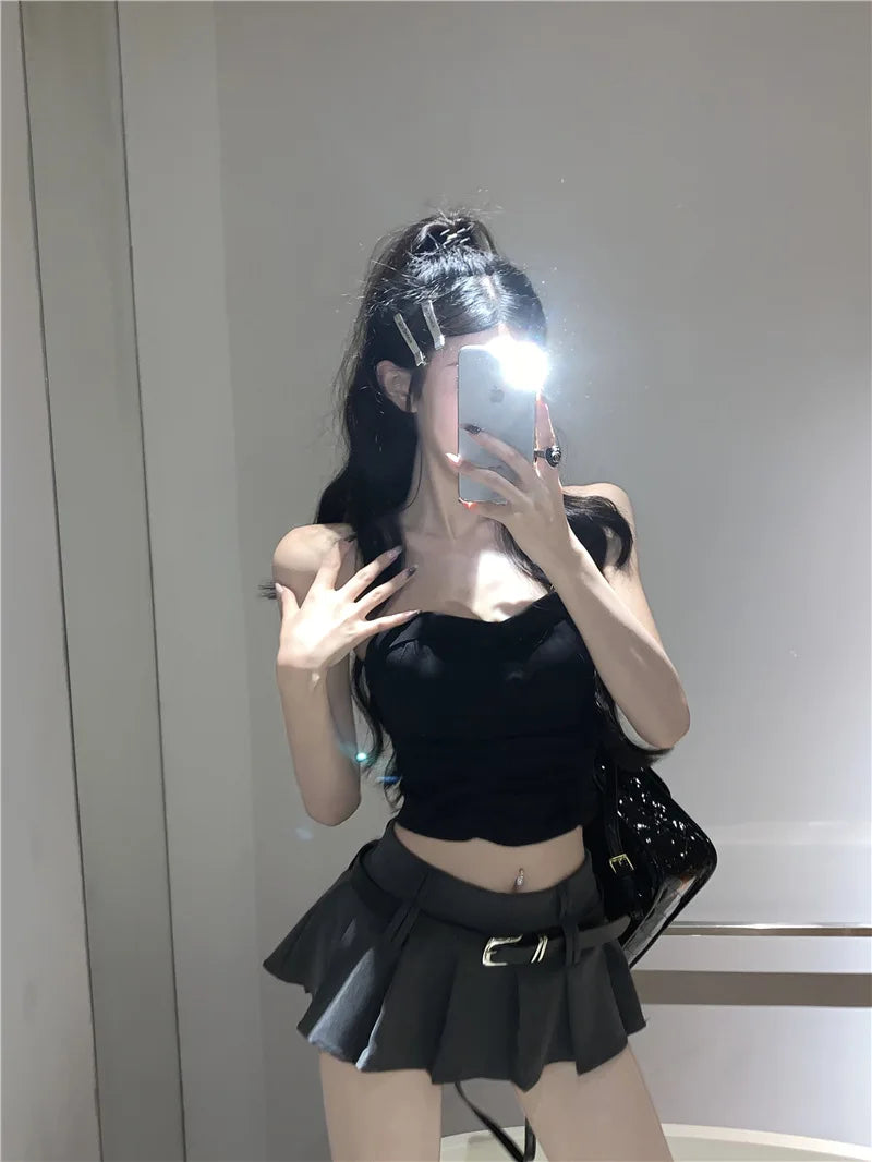 Women's Low Rise Pleated Mini Skirt Sexy A-Line Short Skirt with Belt and Built-In Shorts for Summer