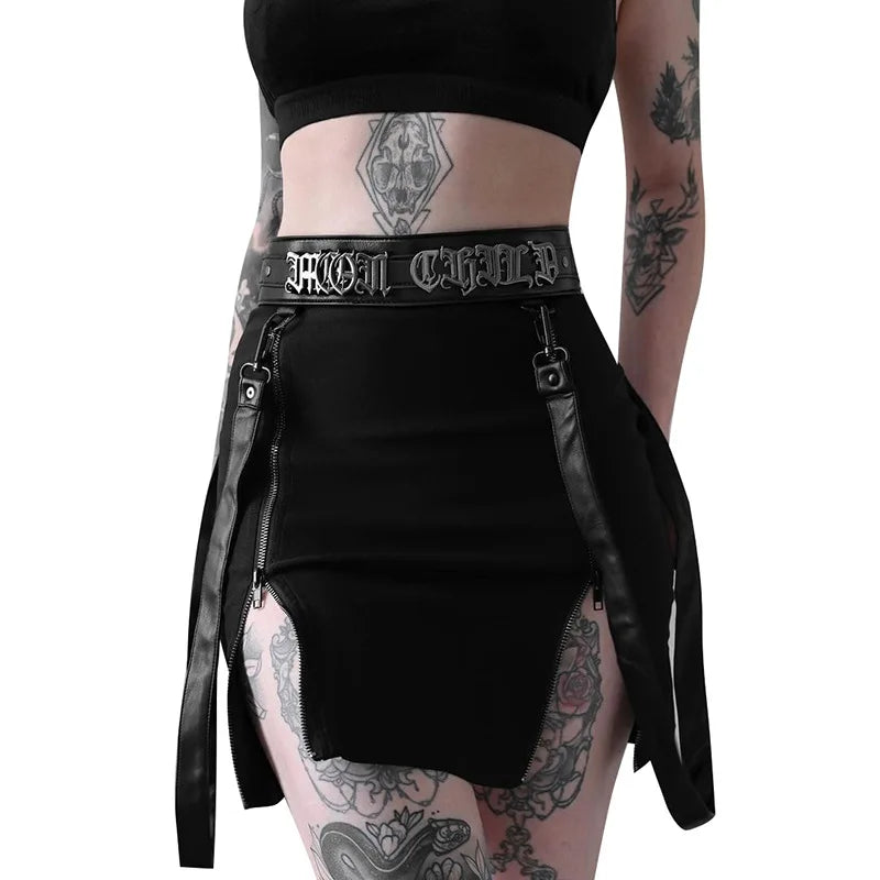 Gothic Zip Split Sexy Women Mini Skirts Grunge Strap Black High Waist Pencil Skirt Punk E-girl Alt Party Clubwear