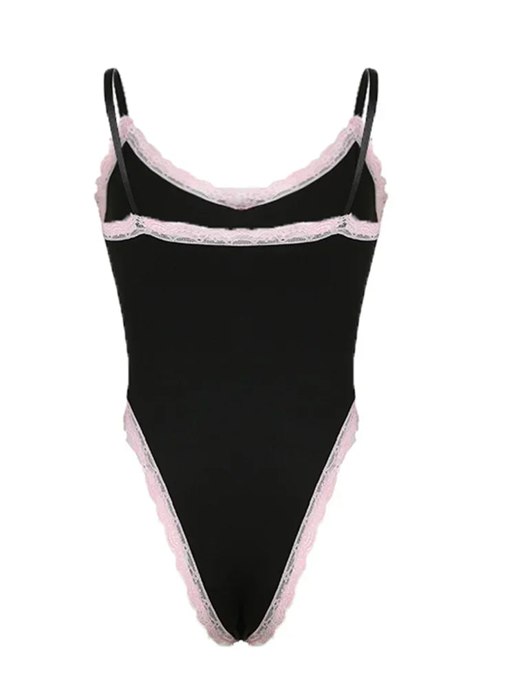 Lace Trim High-Cut Bodysuit | Chic Sleeveless Leotard for Women