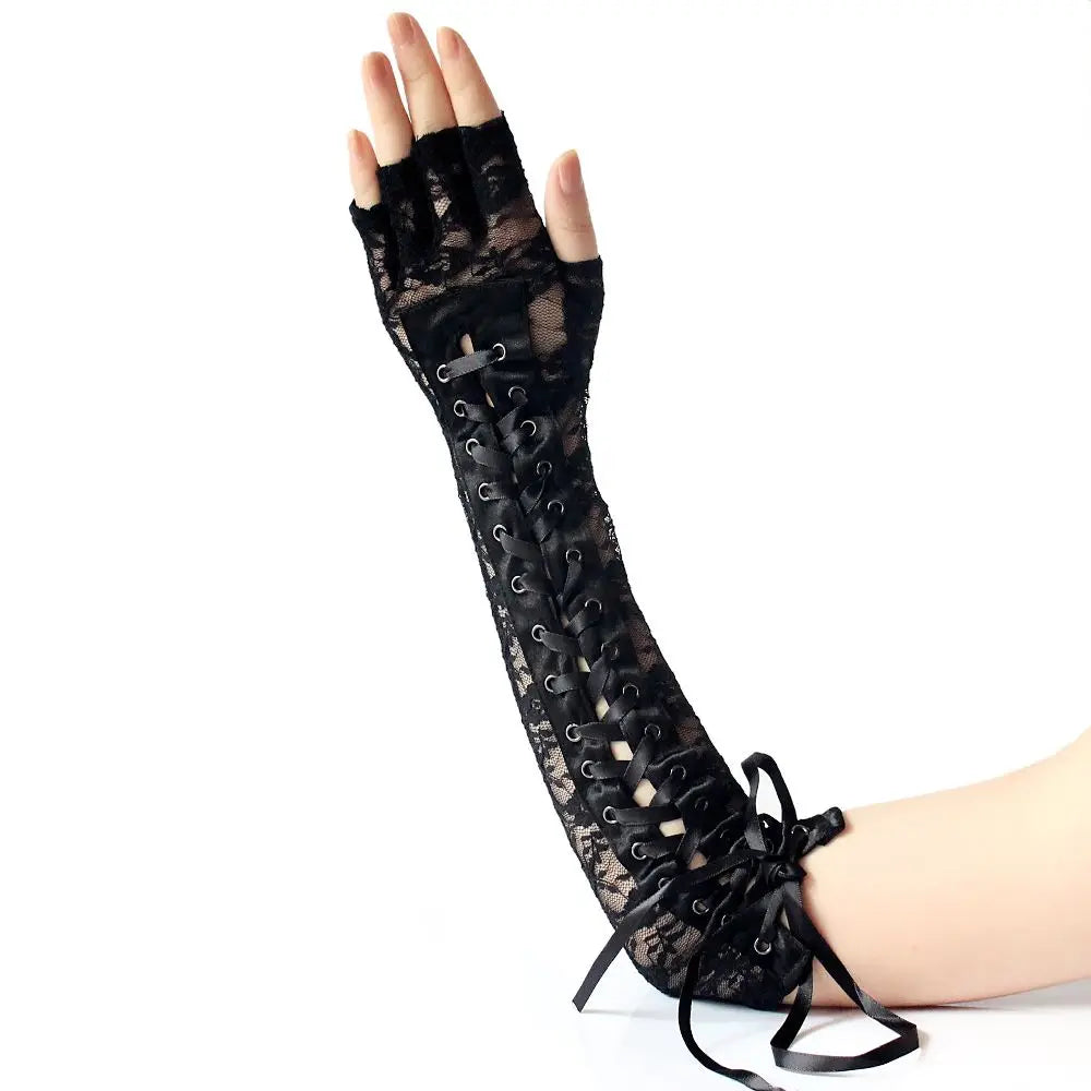 1 Pair Night Club Party Cosplay Ritual Dance Long Lace Gloves Silk Ribbon Punk Gothic Mittens Halloween Gloves