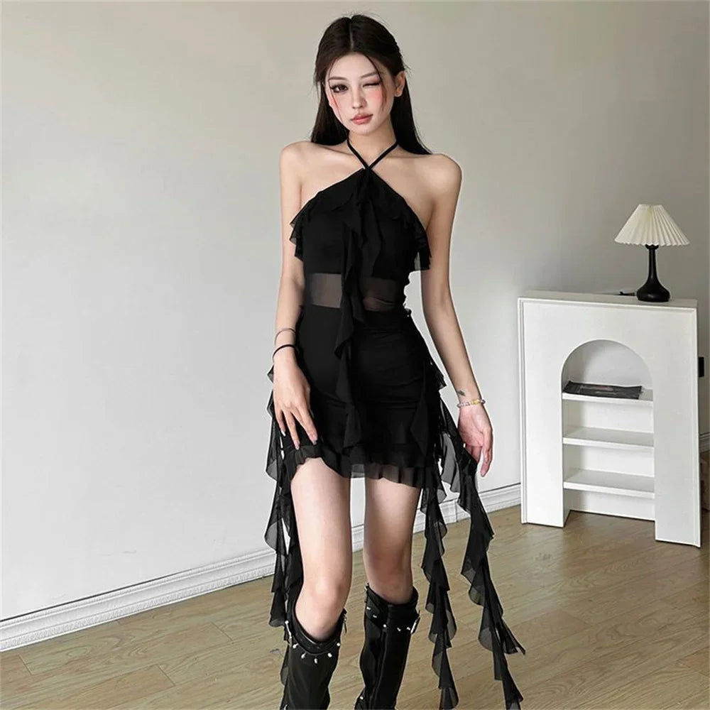 Vintage Halter Ruffled Mini Dress | Elegant Party Style