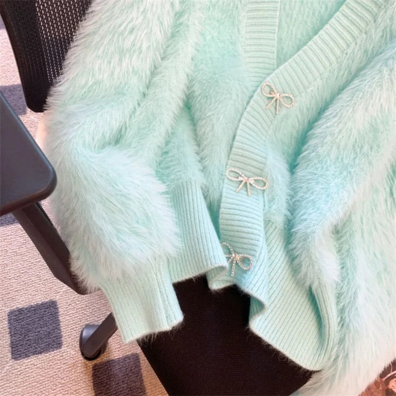 2026 Spring Autumn Women's Sweater Cardigan Jacket New Loose V-neck Imitation Mink Fur Sweater Jacket Female Knitted Tops Coat