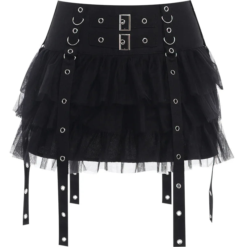 Mall Goth Black Pleated Mini Skirt with Chain Women's Punk High Waisted Tennis Skirt Fairy Grunge Aesthetic E Girl Cloth
