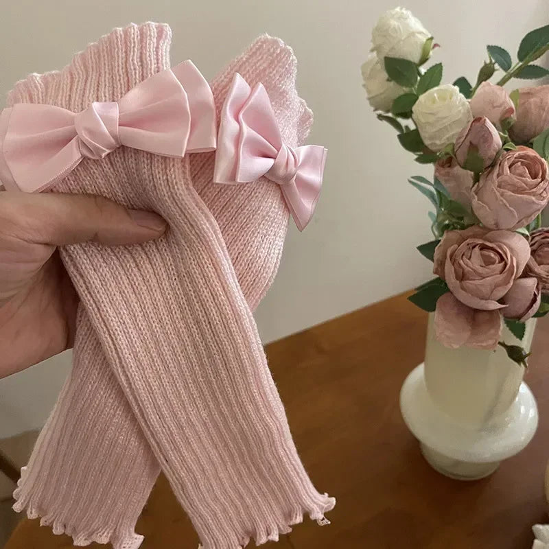 Women Knitted Bow Tie Fingerless Gloves Lolita Arm Sleeve Y2k Pink Girl Gothic Keep Wamrm Long Gloves Kawaii JK Accessories