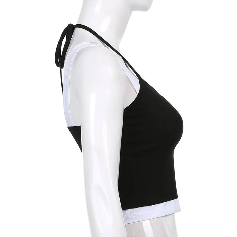 Women Hollow Out Black Y2K Tees Sleeveless Skinny Tops Cool Punk T-shirts Techwear 2024 Spring Summer New Sexy Crop Top