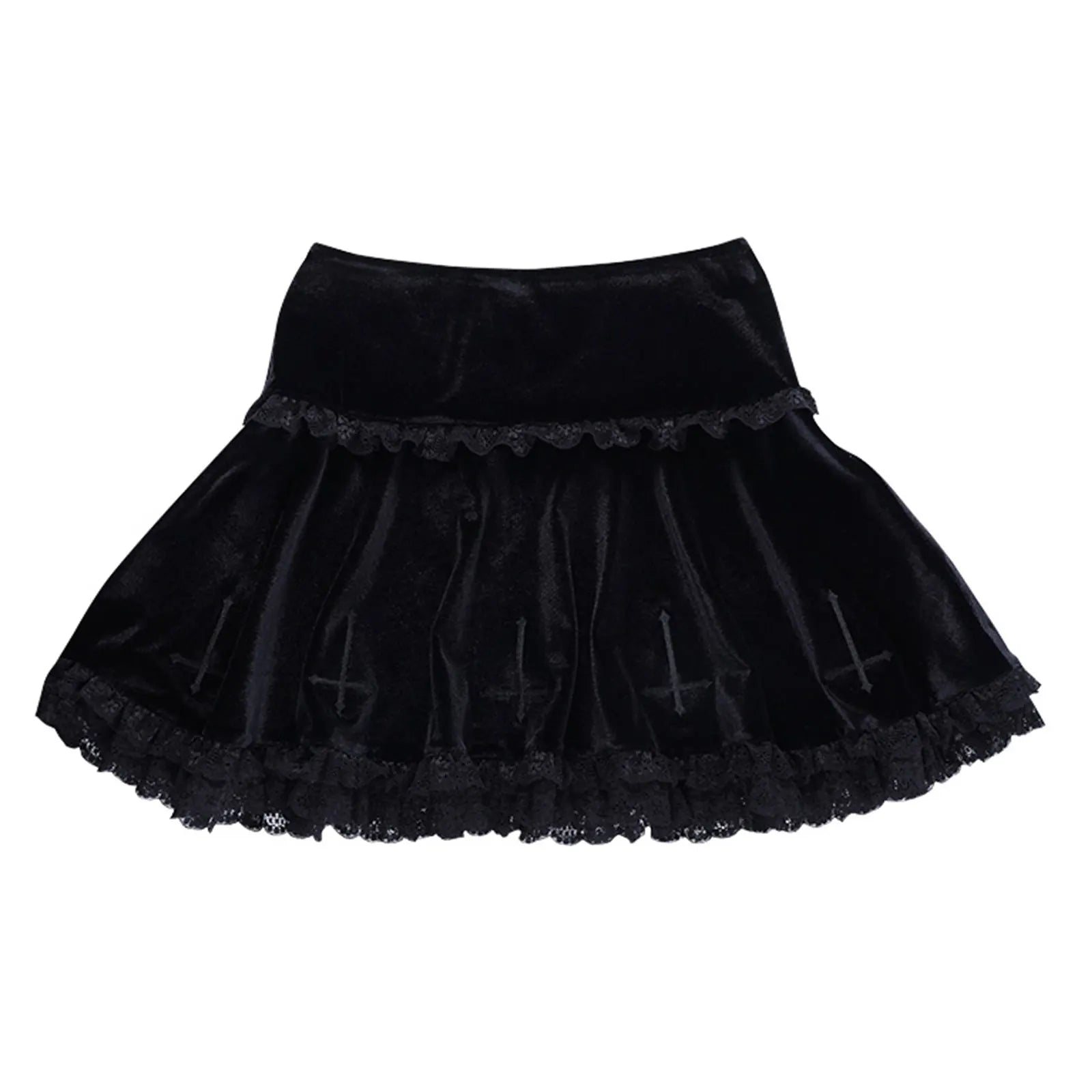 2024  Punk Cross Pattern Mini Skirt Y2K Grunge Gothic Black Lace High Waist Pleated A-line Skirt Vintage Women E-girl Clothes