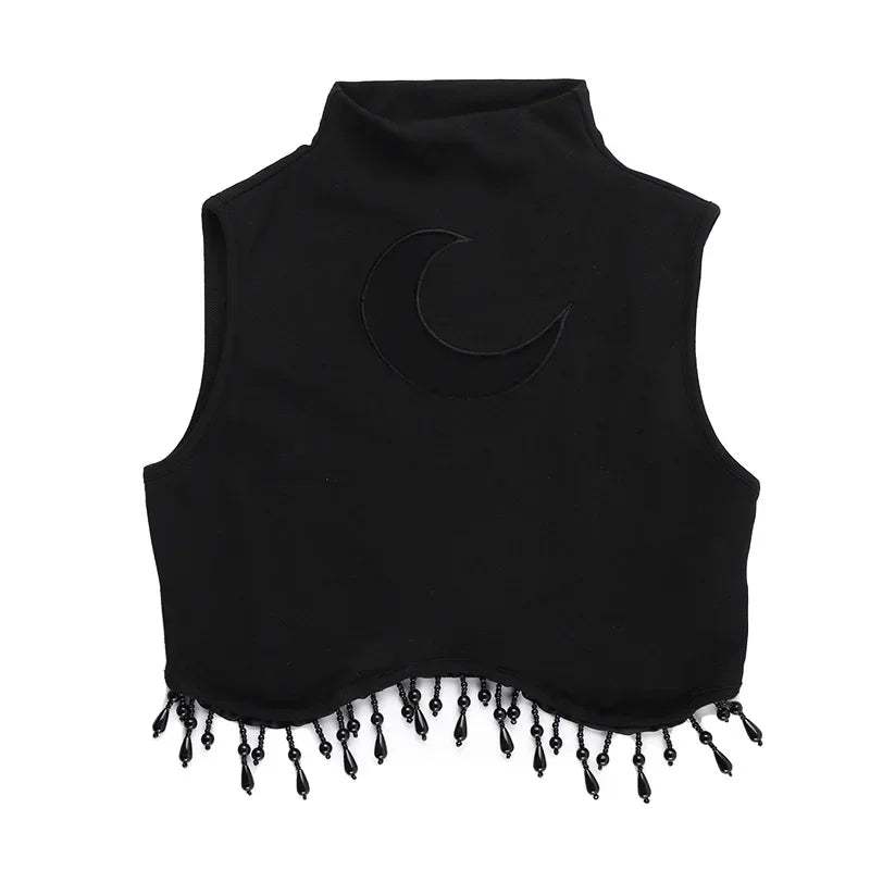 Goth Dark Cyber Y2K Skinny Turtleneck Tank Top Sexy Moon Chain Tassel Sleeveless Crop Tops Gothic Women Punk Streetwear Alt Vest