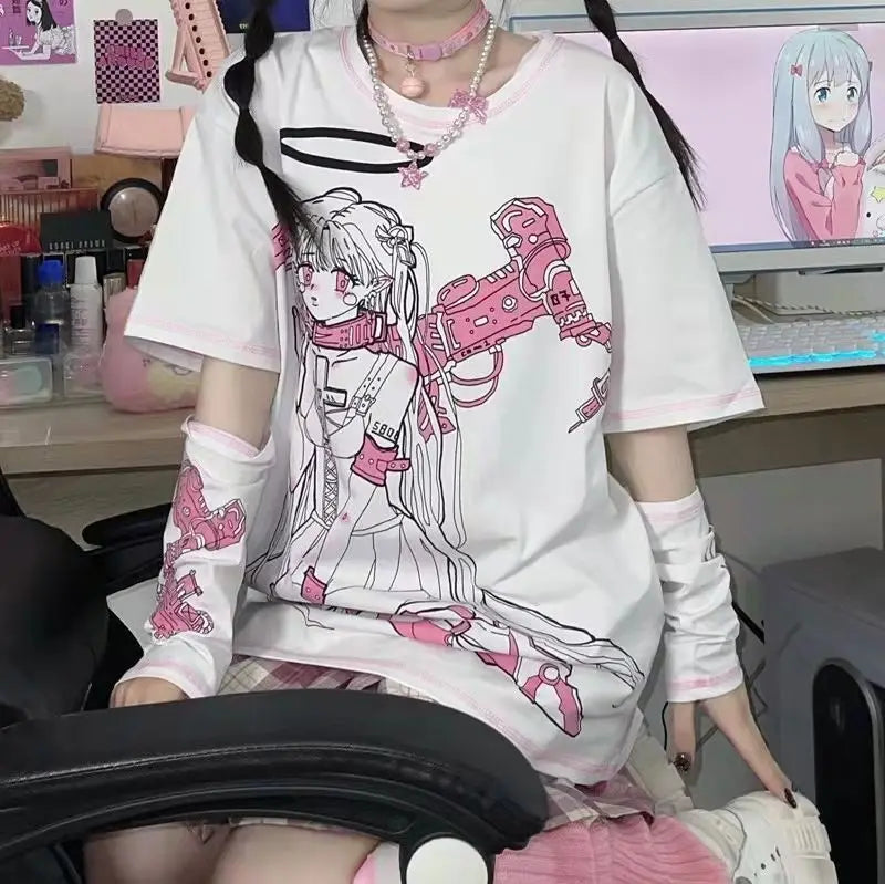 Japanese Two-dimensional Space Cartoon Print Tshirts Women O-neck Short Sleeve Kawaii Loose Top Aesthetic Grunge Y2k Fairy Tee