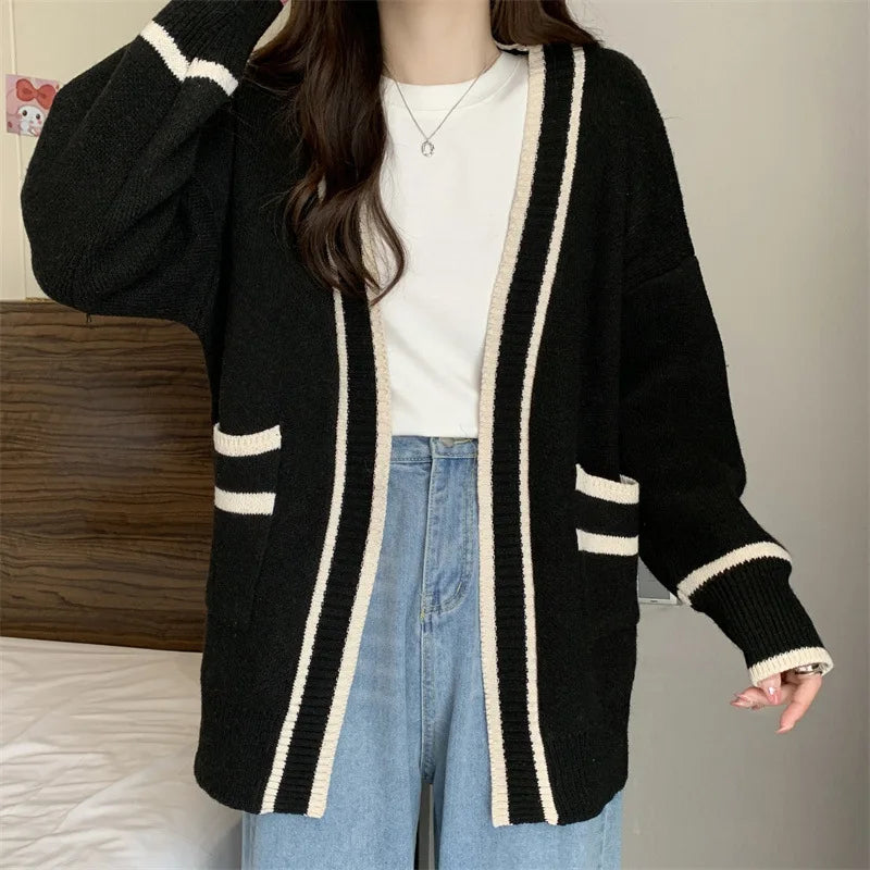 New Korean Women Cardigan Jackets Patchwork Clothing V Neck All Match Sueter Mujer Casual Fashion Knitted Oversized Sweater Tops