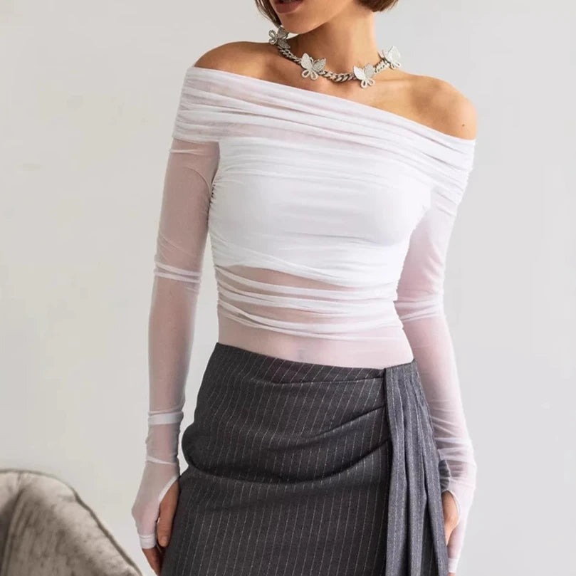 Sexy Perspective Mesh Off Shoulder T Shirt Women Long Sleeves Slash Neck Bottoming Shirt Ladies Tee Shirt Tops Camisetas Mujer
