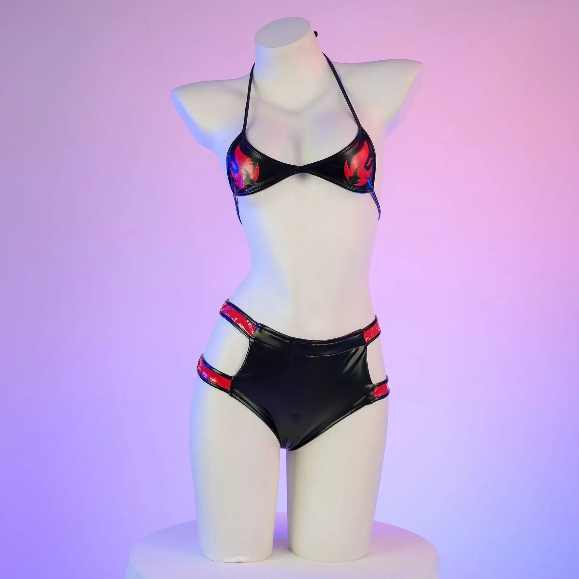 Daring PU Leather Bondage Bikini Set - Exotic Print Lingerie