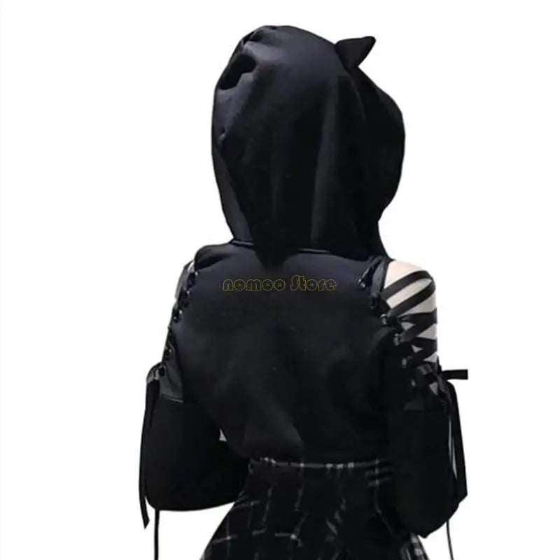 31BF Womens for Cat Ears Long Sleeve Hoodies Hollow Out Cold Shoulder Lace-Up Loose Crop Top Harajuku Graphic Sweatshirt