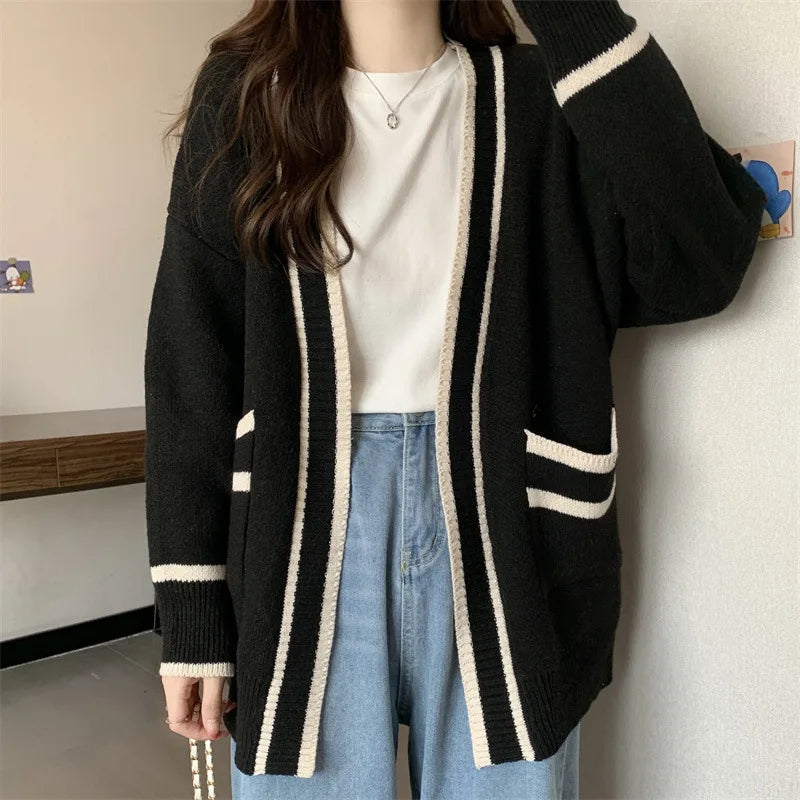 New Korean Women Cardigan Jackets Patchwork Clothing V Neck All Match Sueter Mujer Casual Fashion Knitted Oversized Sweater Tops