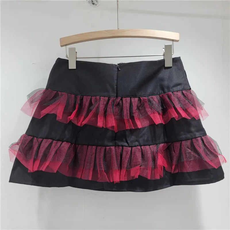 YEAE Ladies Diablo Spice Girl Corn Zipper Skirt Splicing Red Mesh Cake Skirt