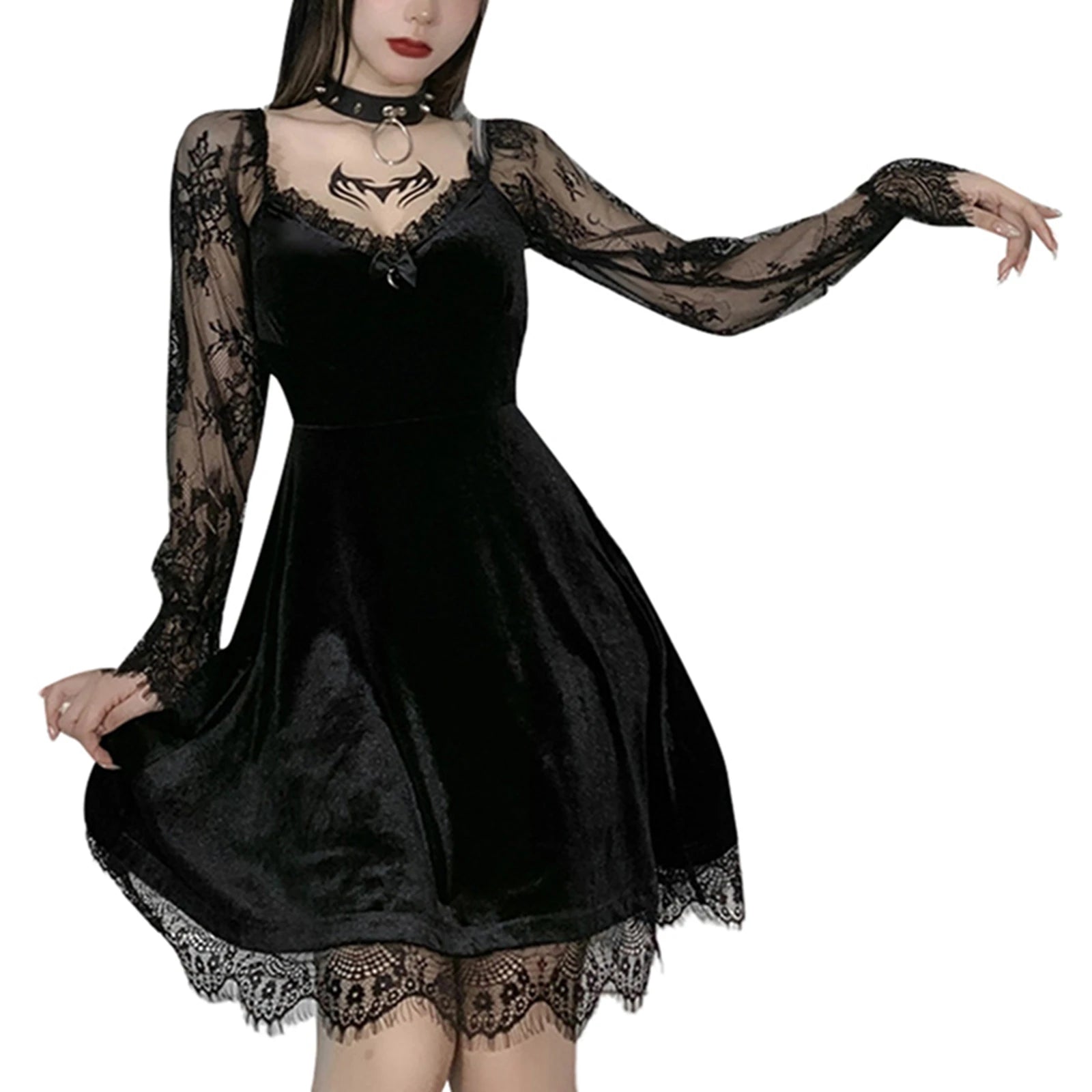 Dark Gothic Lace Mini Dress - Flare Sleeve V-Neck
