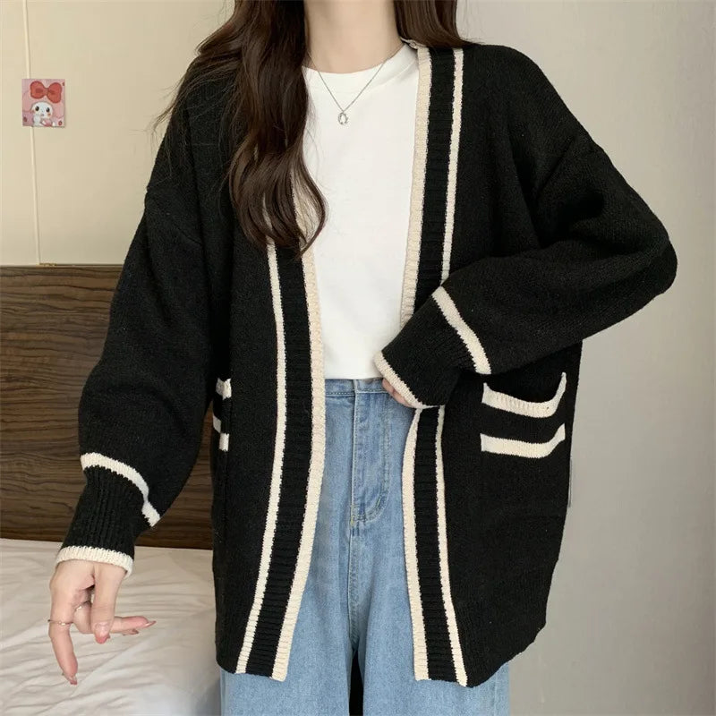 New Korean Women Cardigan Jackets Patchwork Clothing V Neck All Match Sueter Mujer Casual Fashion Knitted Oversized Sweater Tops