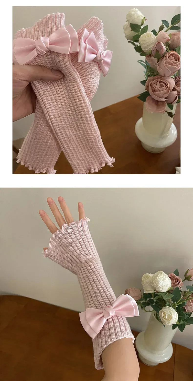 Women Knitted Bow Tie Fingerless Gloves Lolita Arm Sleeve Y2k Pink Girl Gothic Keep Wamrm Long Gloves Kawaii JK Accessories