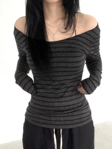 Y2K Off Shoulder Stripe Long Sleeve Tee | Korean Street Style Top