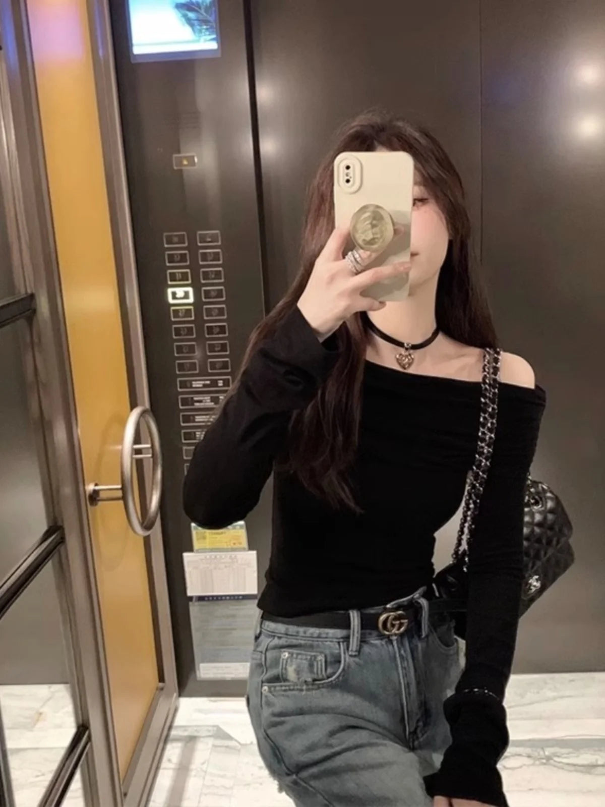 Black Shoulder-Bared Long Sleeve Knitted Sweater Women's Autumn New Style Slim Fit Inner Wear Base Top Korean Style Commute F...