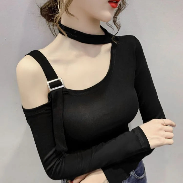 Chic Shoulder Bared Long Sleeve Base Shirt for Women Stylish Slim Fit Trendy Top Casual Loose Style Daily Wear Girl's Fashion