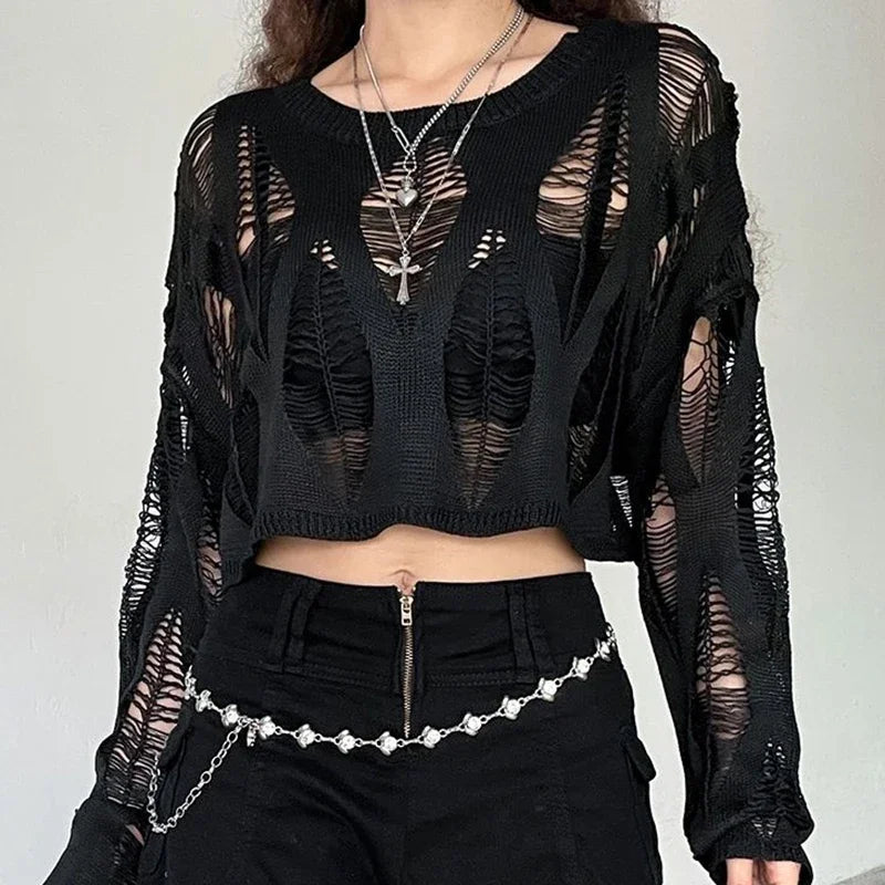 Women Hole Hollow Out Y2K T-shirts Batwing Sleeve Knitted Shirt for Women Punk Loose Streetwear Tops Spring Autumn 2026