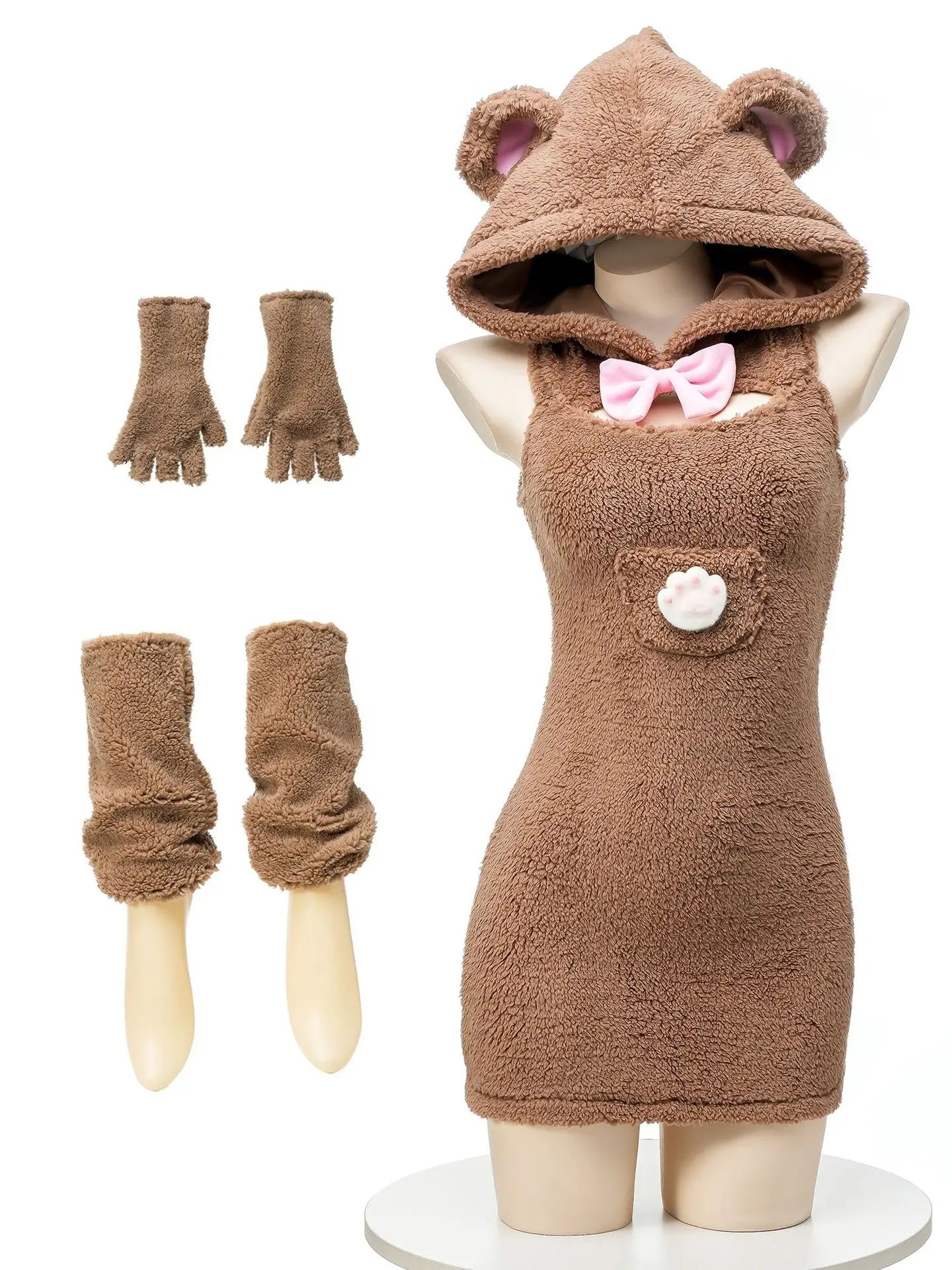 White Fluffy Bear Ear Sleep Dress | Cute Hooded Loungewear Set